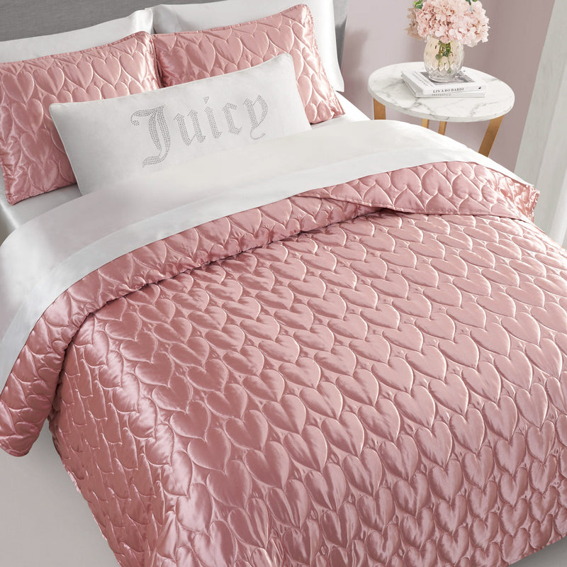Satin Heart Stitched Quilt Set - Rose Pink - Juicy Couture