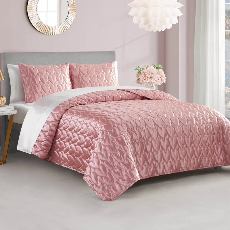 Satin Heart Stitched Quilt Set - Rose Pink - Juicy Couture