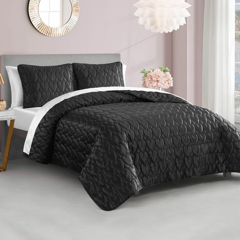Satin Heart Stitched Quilt Set - Black - Juicy Couture