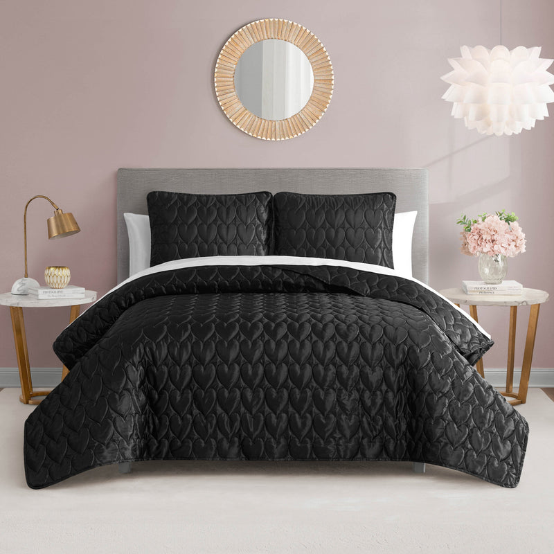 Satin Heart Stitched Quilt Set - Black - Juicy Couture