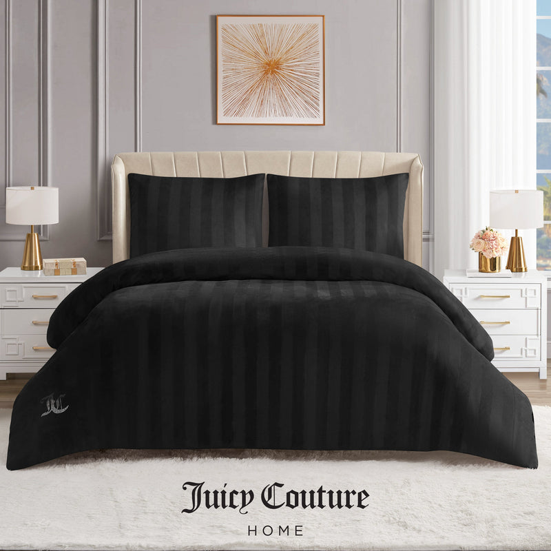Jenny Velour Striped Jacquard Duvet Set - Black - Juicy Couture