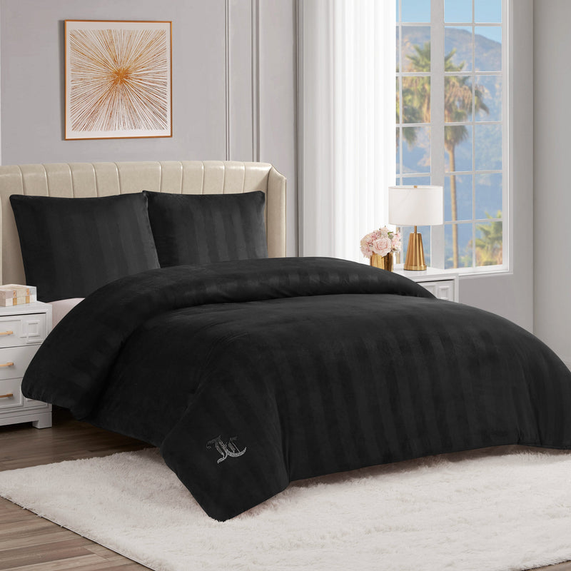 Jenny Velour Striped Jacquard Duvet Set - Black - Juicy Couture