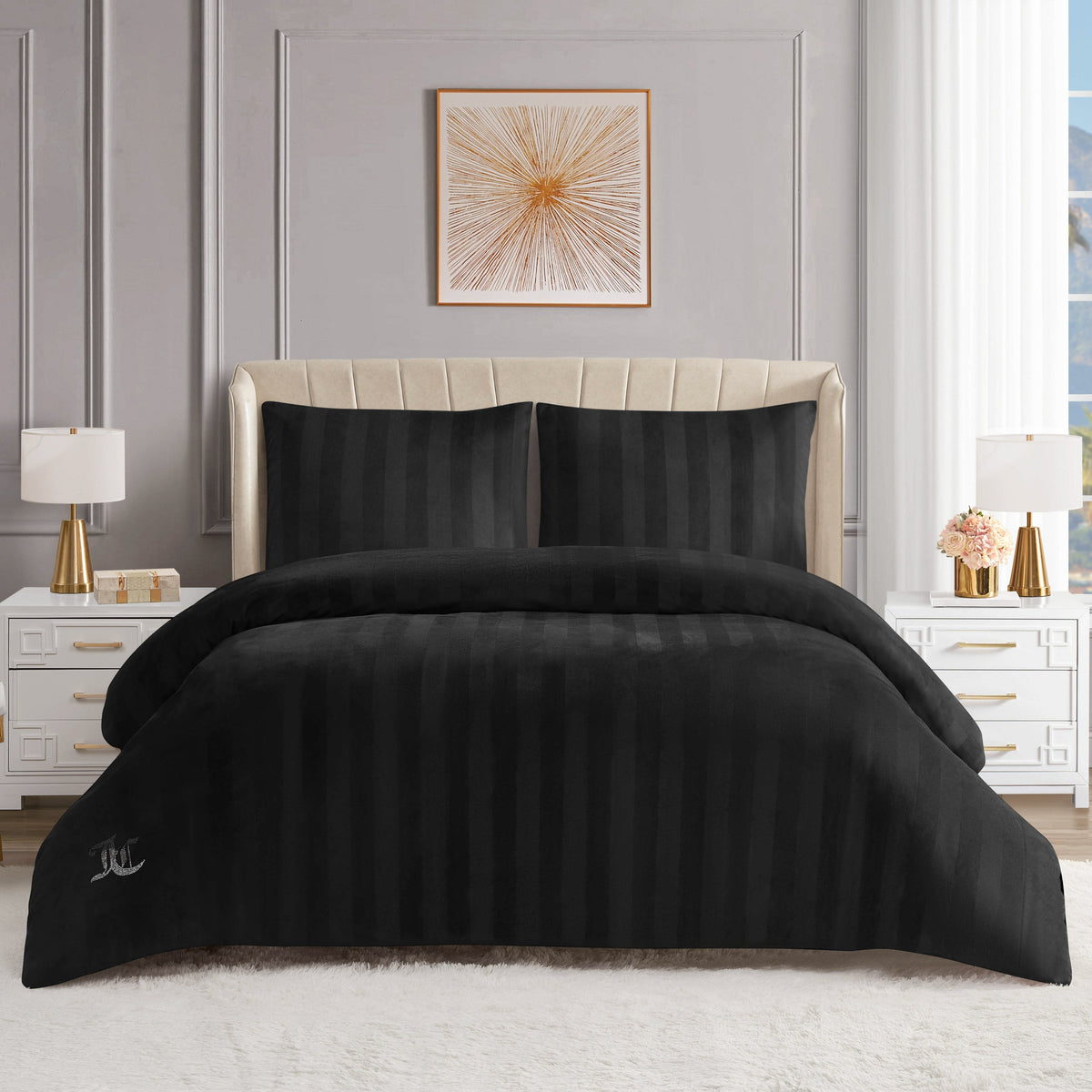 Jenny Velour Striped Jacquard Duvet Set - Black - Juicy Couture