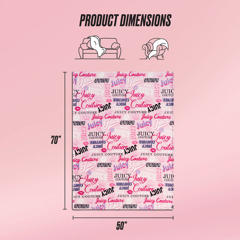 The Plush Throw Blanket, in pink and measuring 70 x 50 inches, displays Juicy Couture logos in multiple fonts and colors, with line art above showing this ultra-soft blanket’s size on a sofa and during use.