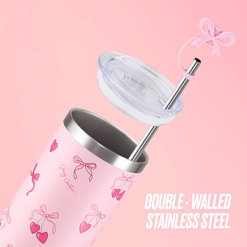 Glam Slip Hydration Stainless Steel Tumbler - Pink Cherry Bows - Juicy Couture