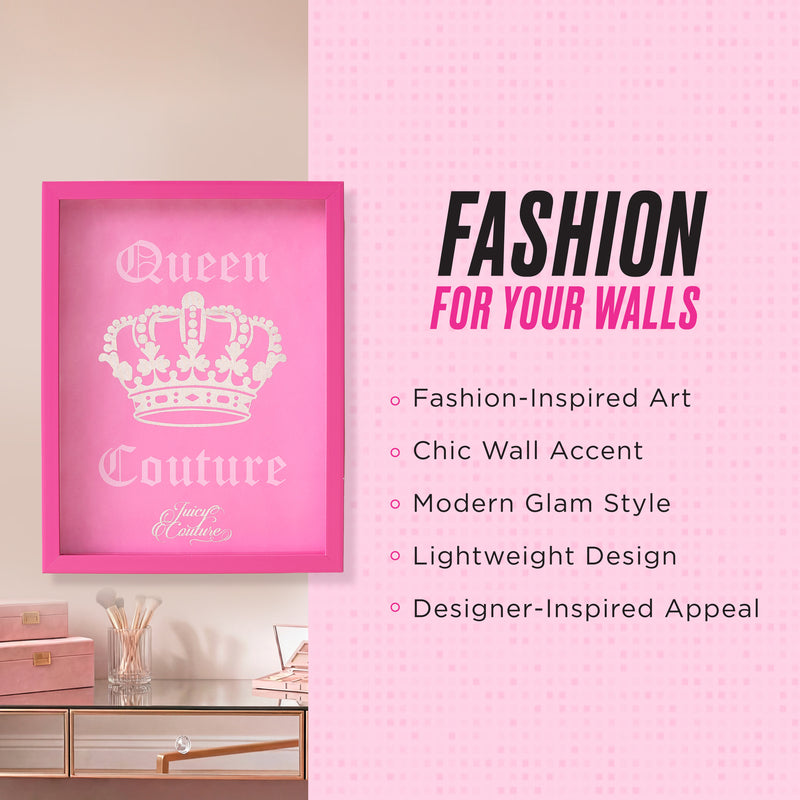A 12″ x 16″ Shadow Box Wall Art featuring a pink frame, a crown, and the words “Queen Couture” is displayed. Text beside it highlights features such as fashion-inspired design, modern glam style, lightweight construction, chic accent appeal, designer inspiration, and shadow box artistry.