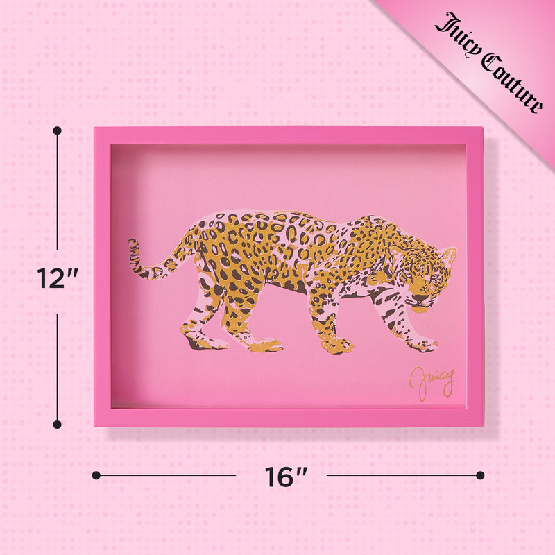 A chic addition to any Juicy Couture wall art collection, the Shadow Box Wall Art measures 12 inches tall by 16 inches wide and features a leopard illustration with the Juicy signature. This fashion-inspired artwork displays “Juicy Couture” in the image’s top right corner on a pink banner, all set against a stylish pink background.
