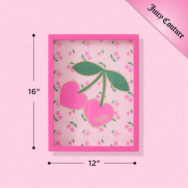 Shadow Box Wall Art, 12″ x 16″, features a pink floral background with pink cherries and green leaves, the Juicy Couture logo on one of the cherries, and a diagonal banner at the top right that reads Juicy Couture. This fashion-inspired wall art comes in a framed design.