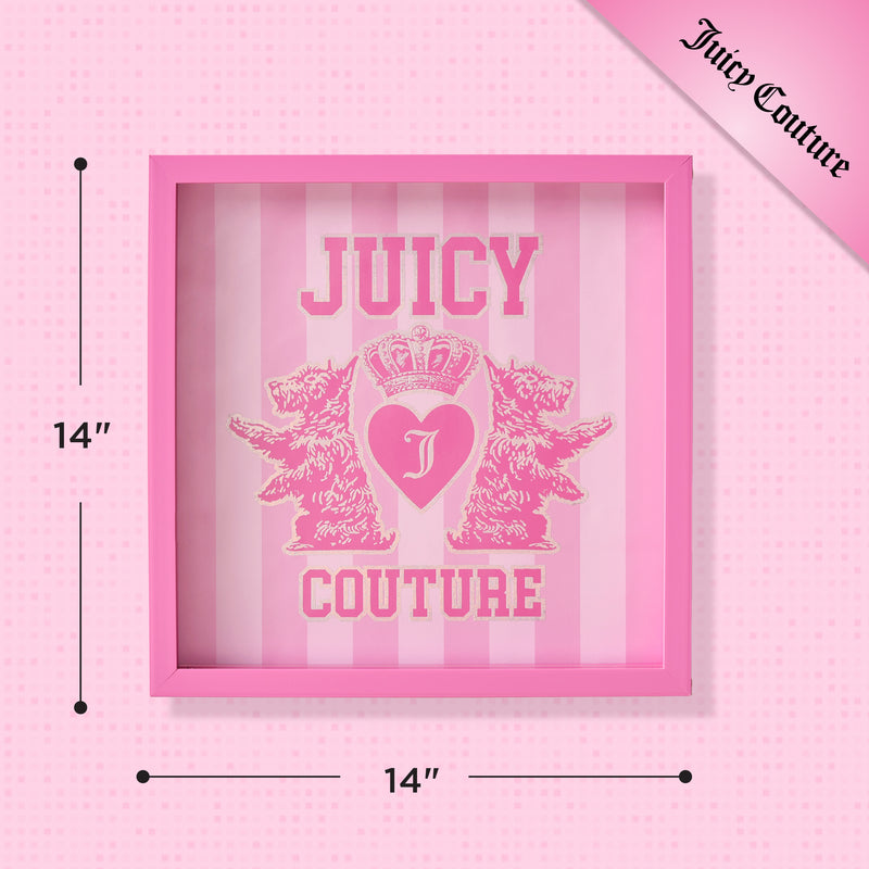 Shadow Box Wall Art, 14″ x 14″: This square, pink Juicy Couture wall art features two crowned dogs with a heart and Juicy Couture text on a pink striped background. The fashion-inspired print includes branding in the top right corner, creating a chic and playful accent for any space.