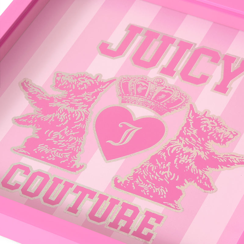 A 14″ x 14″ shadow box wall art featuring a pink tray design with two dogs, a heart with a J, a crown, and the bold decorative text “JUICY COUTURE” on a striped background—perfect for adding fashion-inspired flair or Juicy Couture style to your walls.