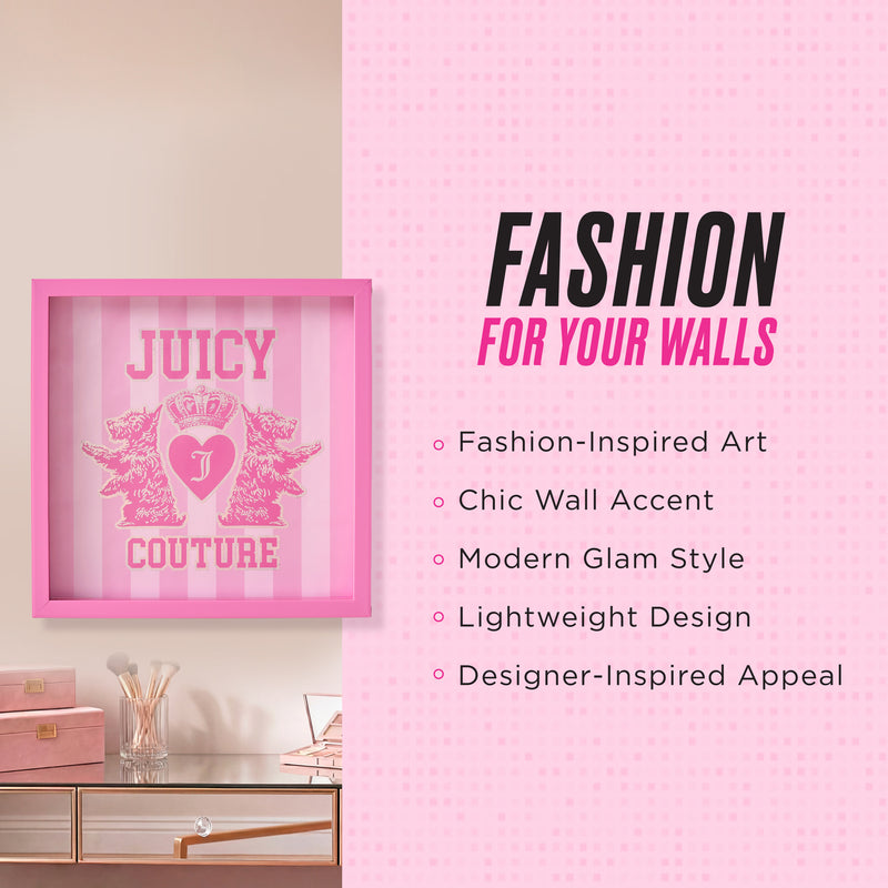 A 14″ x 14″ Shadow Box Wall Art is displayed on a desk with makeup items. This lightweight piece features fashion-inspired artwork and designer-inspired appeal, making it a chic accent with glam style for your space.