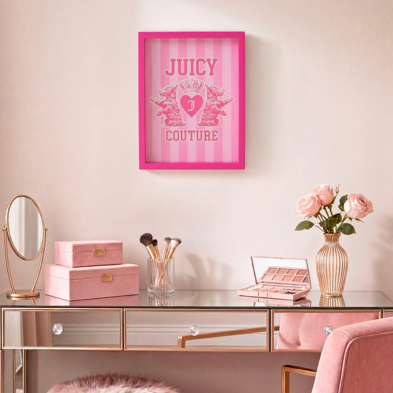 A pink-themed vanity features a mirror, pink velvet boxes, makeup brushes, a makeup palette, and a vase of pink roses. Above the desk, the Shadow Box Wall Art (12″ x 16″) is displayed in a frame, adding a chic touch to this stylish setup.