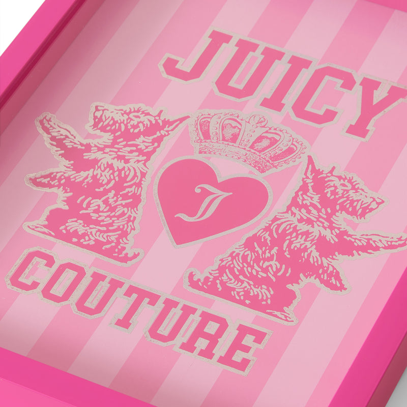 Introducing the Shadow Box Wall Art, 12″ x 16″: a chic display piece featuring a pink tray with “Juicy Couture” in white, accented by two dog illustrations facing a heart with a “J” and crown above it. The background’s light and dark pink vertical stripes lend a fashion-forward aesthetic, making this artwork the perfect Juicy Couture-inspired wall decor.