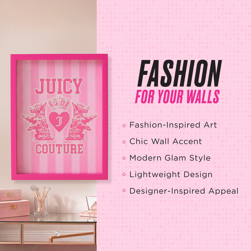 A framed Shadow Box Wall Art, 12″ x 16″, featuring pink Juicy Couture-inspired fashion artwork on a striped background, is displayed on a stylish wall next to text detailing its features on a pink backdrop.