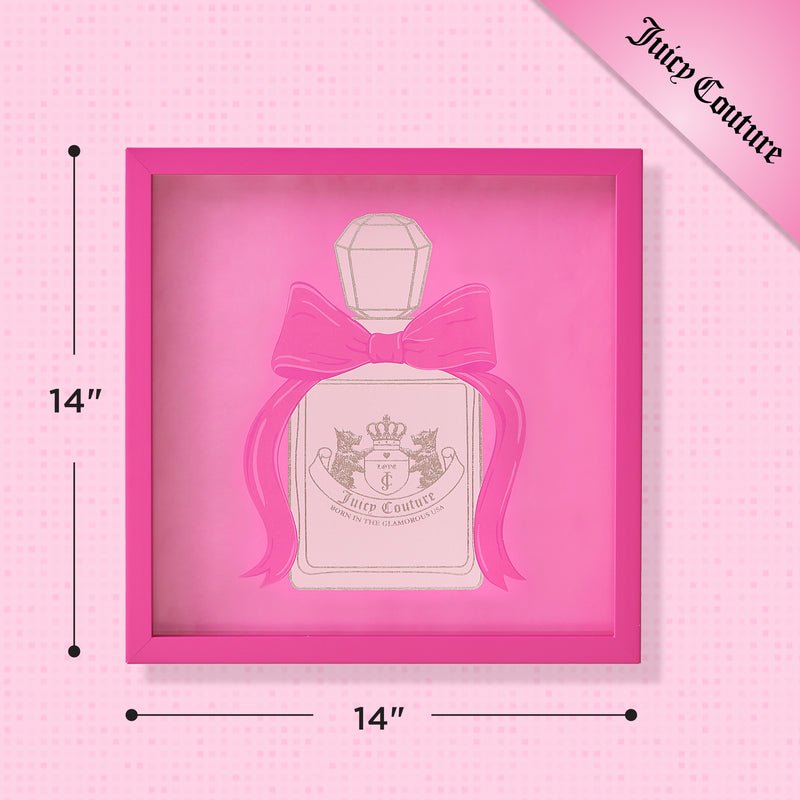 Showcase your style with our Shadow Box Wall Art, 14″ x 14″—featuring a framed Juicy Couture perfume bottle illustration adorned with a large pink bow. Set in a pink square frame against a matching pink background and accented with Juicy Couture text in the top right corner, this charming piece is perfect for adding fashion-inspired flair or shadow box artistry to your space.