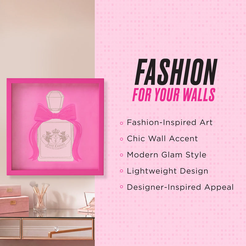 A 14″ x 14″ Shadow Box Wall Art featuring a perfume bottle with a large pink bow inside a pink frame, displayed alongside text showcasing its fashion-inspired artwork, chic accent, modern glam style, lightweight design, and designer-inspired appeal—all set against a vibrant pink background. This eye-catching piece is perfect as Juicy Couture wall art to add a touch of elegance to any space.