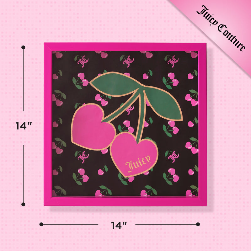 Square Shadow Box Wall Art, 14″ x 14″, with a pink frame features a fashion-inspired cherry design and “Juicy” text. The artwork displays a bold black background patterned with pink cherries and JC logos, while Juicy Couture branding appears in the top right corner.