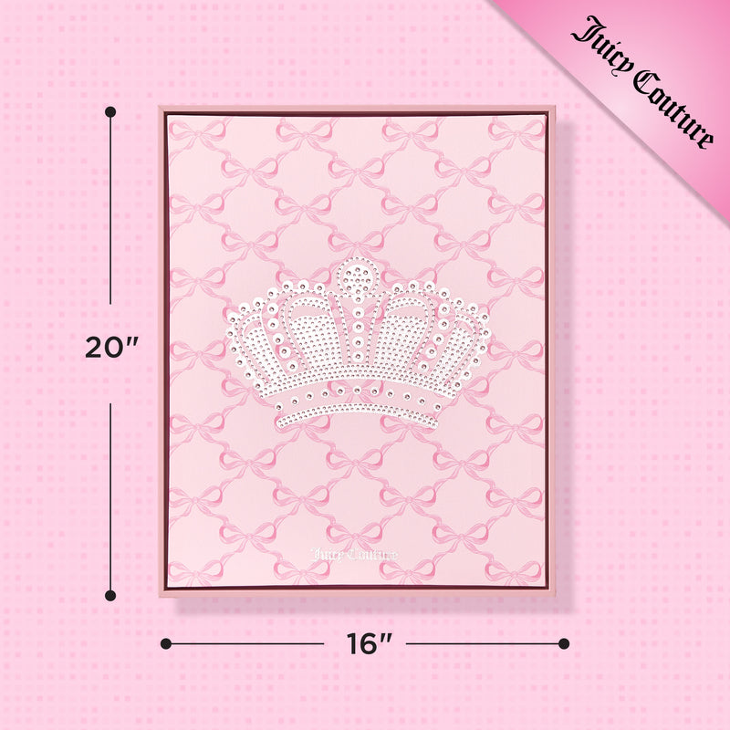 Shadow Box Wall Art, 16″ x 20″, features a jeweled crown illustration set against a background of pink bows, with “Juicy Couture” displayed in the top right corner on a pink diagonal banner—making this stylish piece the perfect statement for any room.