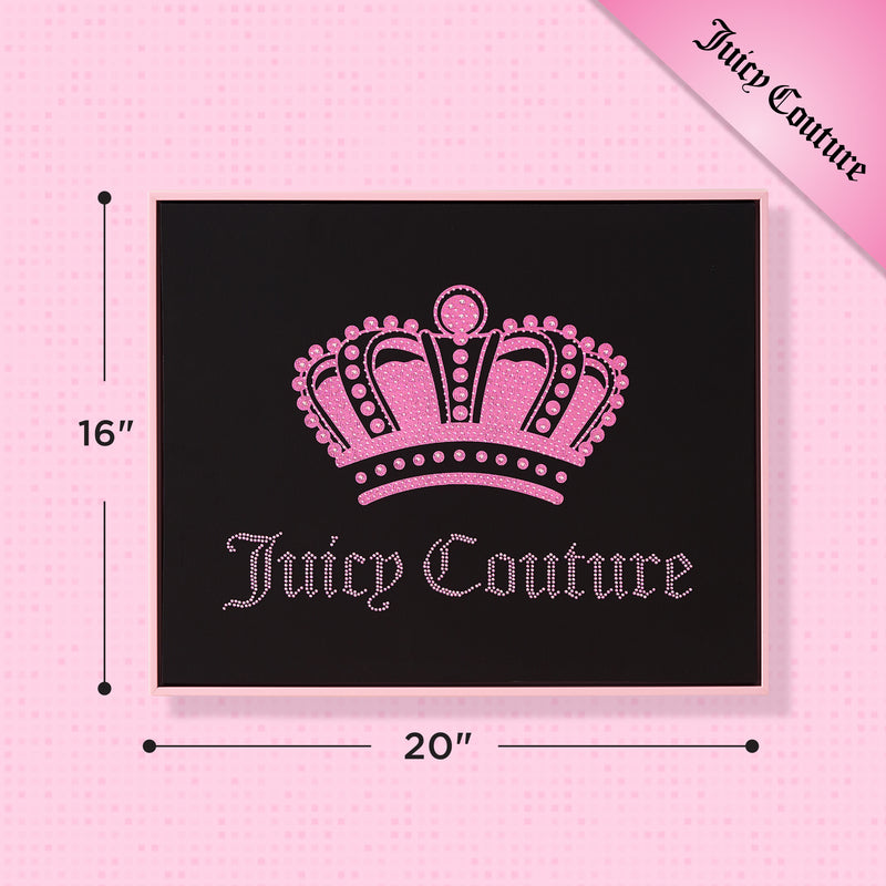 Black rectangular Shadow Box Wall Art featuring a pink jeweled crown and the words “Juicy Couture” in pink rhinestones. This fashion-inspired artwork measures 16 inches tall by 20 inches wide, with a pink border on a light pink background.