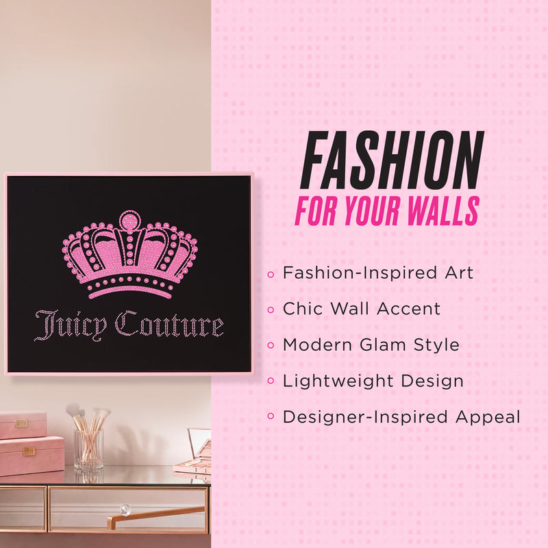 A chic vanity setup features a striking 16″ x 20″ Shadow Box Wall Art piece by Juicy Couture, showcasing a glamorous pink crown design mounted on the wall. A stylish list on a pink background highlights its fashion-inspired flair, modern glam aesthetic, lightweight construction, and designer appeal.