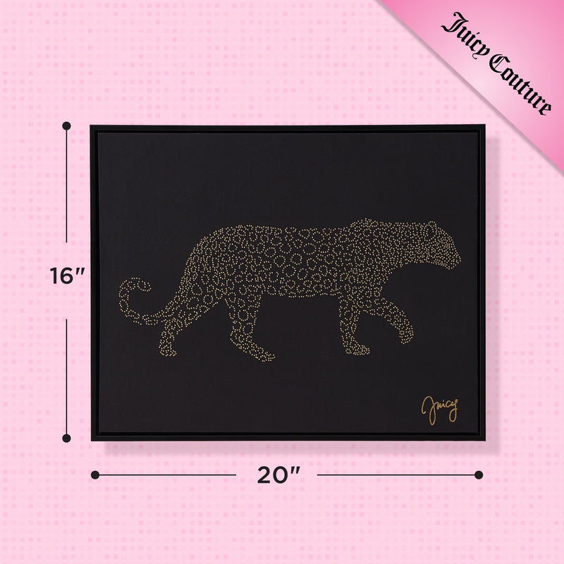 The Shadow Box Wall Art, 16″ x 20″, features a black leopard crafted from gold dots on a pink background with a Juicy Couture logo in the top right corner—this eye-catching piece is ideal for anyone looking to add fashion-inspired glamour and style to their space.