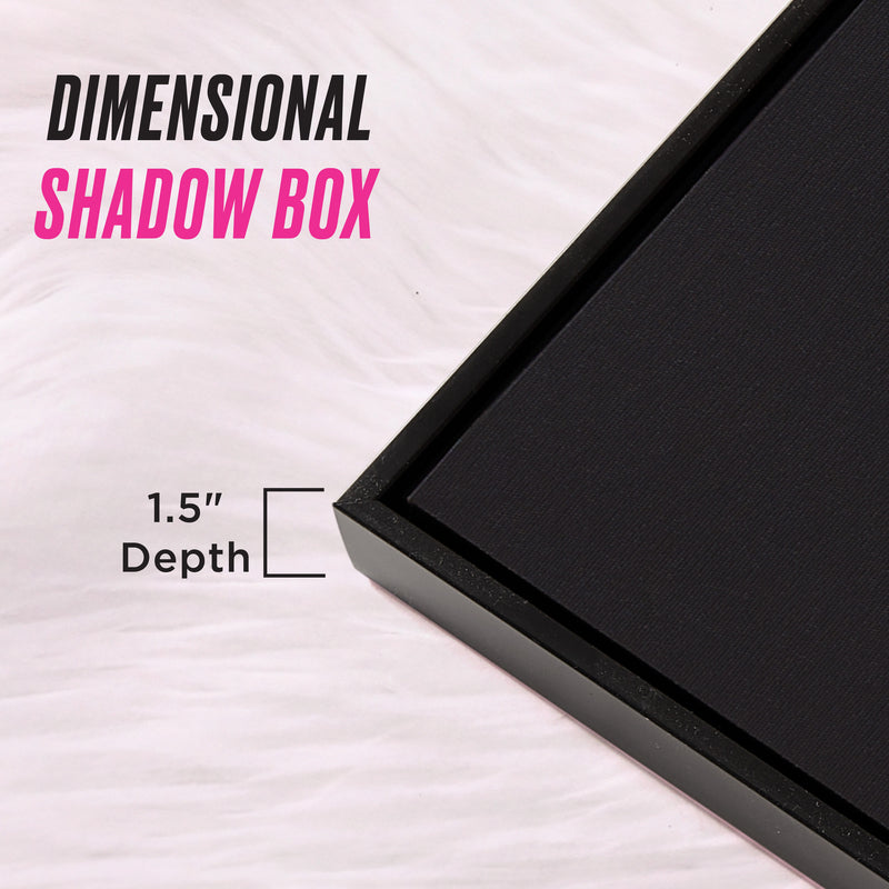 Close-up of a black Shadow Box Wall Art, 16″ x 20″, with a 1.5″ depth, set against a white textured background. This fashion-inspired piece features the text “Dimensional Shadow Box” and “1.5 Depth,” along with a line highlighting the measurement—an elegant shadow box art perfect for bringing contemporary style to your space.