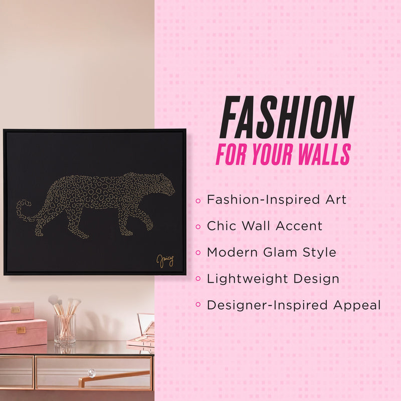 A modern wall art piece, the Shadow Box Wall Art (16″ x 20″), showcases a glam leopard design set against a black background in a chic room. This Juicy Couture wall art adds fashion-inspired flair to your space with its chic accent, modern glam style, lightweight construction, and signature designer appeal.