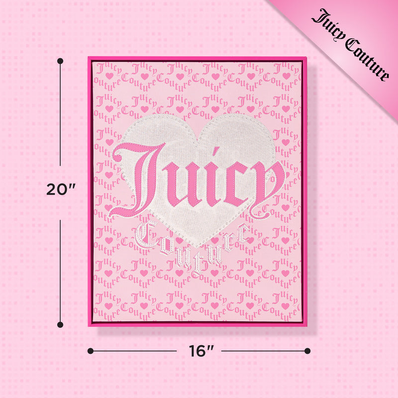 A chic statement piece for any room, the Shadow Box Wall Art (16″ x 20″) features a pink background with repeating Juicy Couture logo text, a silver heart accent, and “Juicy” boldly displayed in white letters. Angled Juicy Couture text appears in the upper right corner, giving this fashion-inspired artwork a stylish touch.