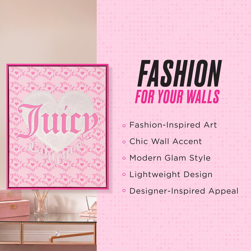 Displayed is a Shadow Box Wall Art, 16″ x 20″, featuring “Juicy” in glittery letters on a pink patterned background. Pink text beside the artwork highlights its features: fashion-inspired, chic, modern glam, lightweight, and designer-inspired—making this wall art the perfect statement piece for anyone who loves bold style.