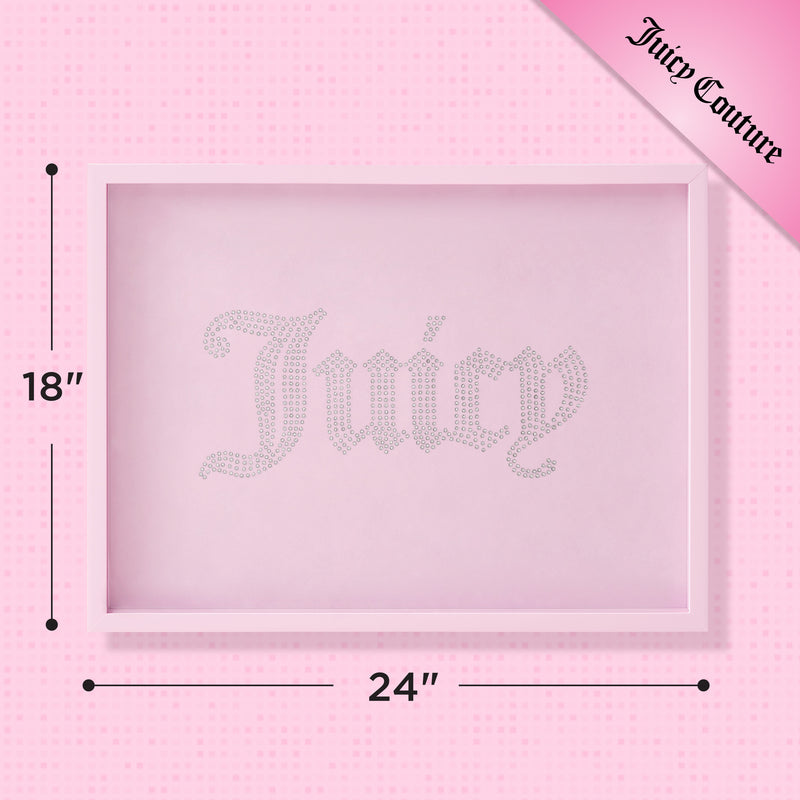 Introducing the Shadow Box Wall Art, 18″ x 24″—a pink-framed piece featuring “Juicy” in dazzling rhinestones centered on a vibrant pink background. With “Juicy Couture” elegantly written in the top-right corner, this fashion-inspired artwork makes a chic and unique addition to any space seeking standout Juicy Couture wall art.