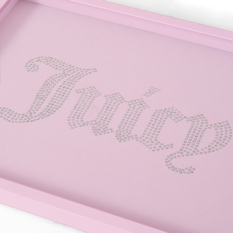 An 18″ x 24″ Shadow Box Wall Art featuring a pink tray adorned with the word “Juicy” in rhinestones and stylish script, perfect as a statement piece for any fashion-inspired art display.