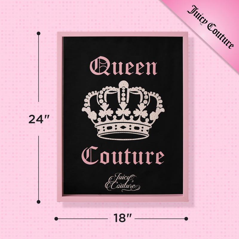 Introducing the Shadow Box Wall Art, 18″ x 24″—a framed black poster featuring a jeweled crown with elegant pink “Queen Couture Juicy Couture” text. Accented by a vibrant pink border and the iconic Juicy Couture logo in the corner, this fashion-inspired piece is perfect for adding stylish flair to any room.
