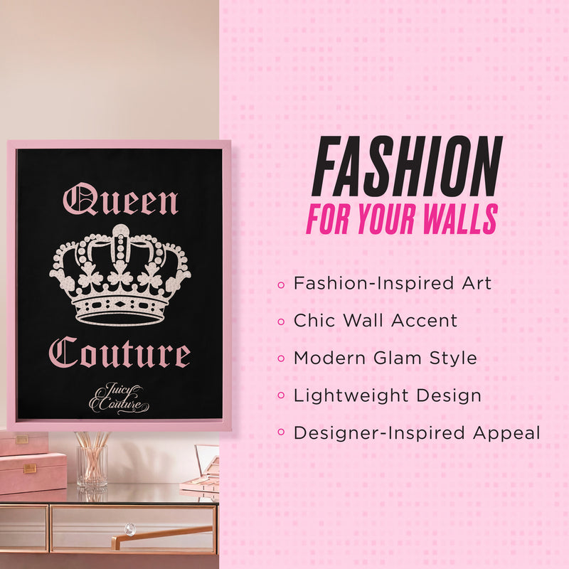 A Shadow Box Wall Art, 18″ x 24″, featuring a framed Queen Couture crown print on a pink wall. The art is described as fashion-inspired, chic, modern glam, lightweight, and designer-inspired—ideal for admirers of Juicy Couture wall art who appreciate elegant and trendy decor. A drawer and additional decorative accents are visible beside the frame.