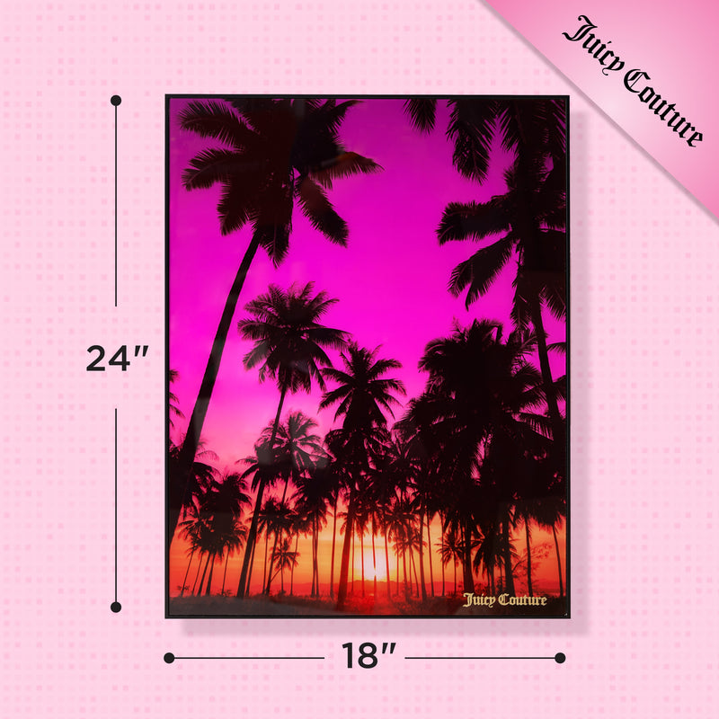 Elevate your space with the Shadow Box Wall Art, 18″ x 24″—a Juicy Couture poster showcasing a tropical palm tree sunset in vibrant pink and orange tones. Fashion-inspired details include “Juicy Couture” elegantly written in gold at the bottom and again in the top right corner on a chic pink ribbon. Perfect for adding a stylish, vibrant vibe to any room.