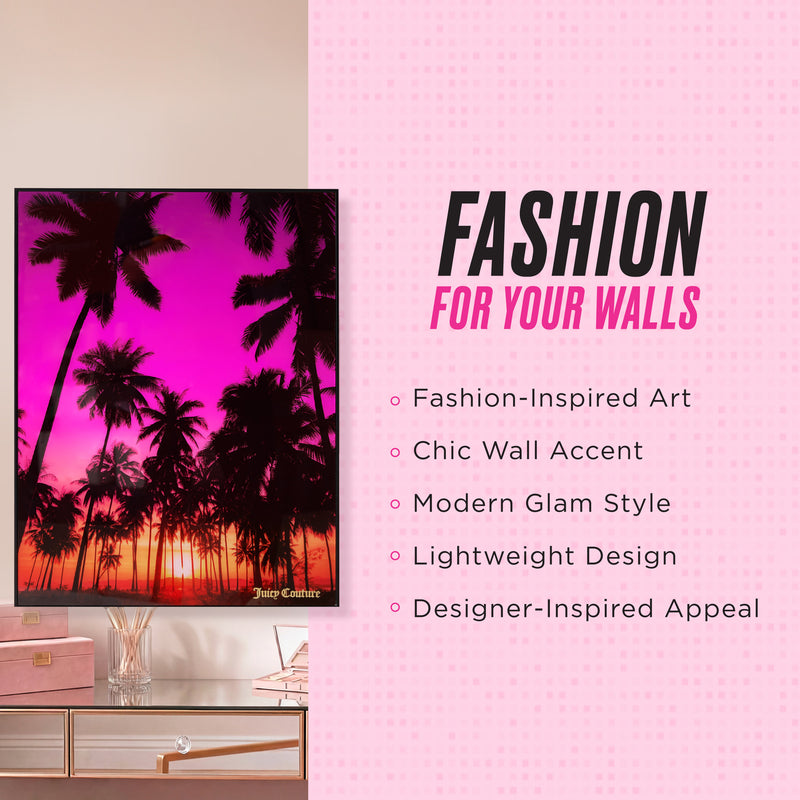 A framed palm tree art print titled “Shadow Box Wall Art, 18” x 24″“ with a vivid pink sunset hangs above a vanity. Text on the right lists features: Juicy Couture wall art, fashion-inspired art, chic accent, modern style, lightweight design, and designer-inspired appeal.