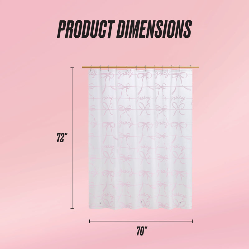 The PEVA Shower Curtain Liner hangs from a rod against a pink background, labeled Product Dimensions. It measures 72 inches in height and 70 inches in width, featuring a subtle bow pattern.