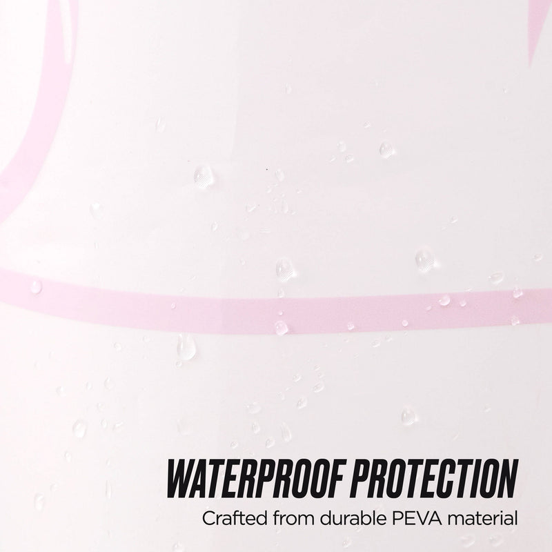 Close-up of water droplets beading on a smooth, light surface, with “WATERPROOF PROTECTION Crafted from durable PEVA Shower Curtain Liner material” at the bottom right.