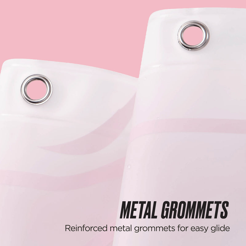 Close-up of two white PEVA Shower Curtain Liner panels with silver metal grommets against a pink background. The text reads: Reinforced metal grommets for easy glide on this PEVA Shower Curtain Liner.