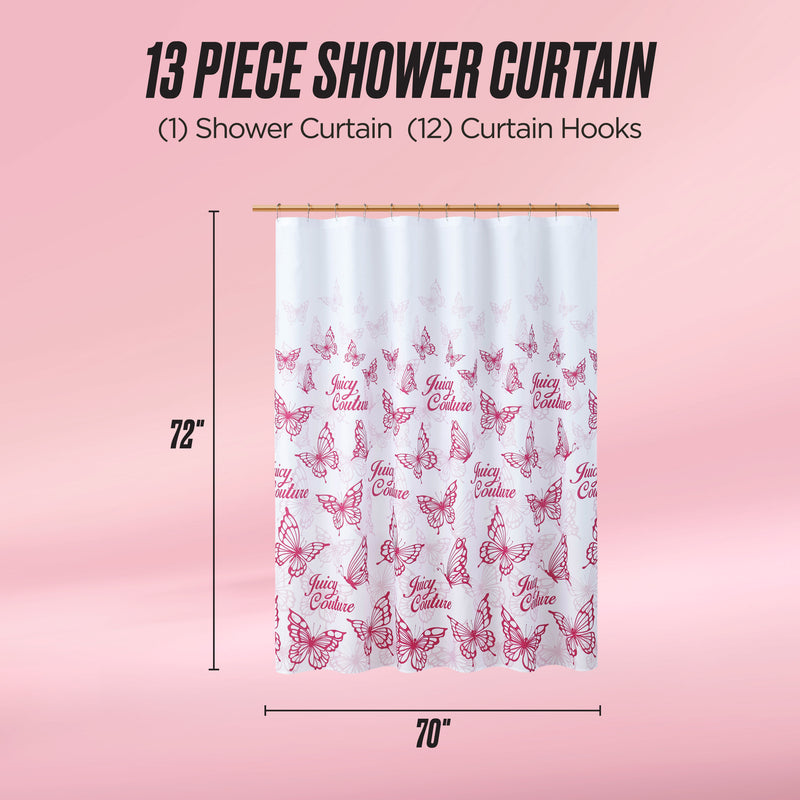 The Shower Curtain and Hooks Set features a white and pink Juicy Couture fabric shower curtain with butterfly designs. It includes one curtain (72" x 70") and 12 hooks, perfect for adding style to your bathroom.