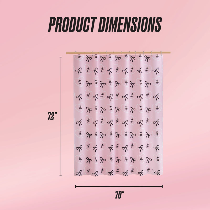 A PEVA Shower Curtain Liner with pink color and black bow patterns hangs from a rod. "Product Dimensions" text and arrows show it measures 72 inches tall by 70 inches wide. The background is light pink.