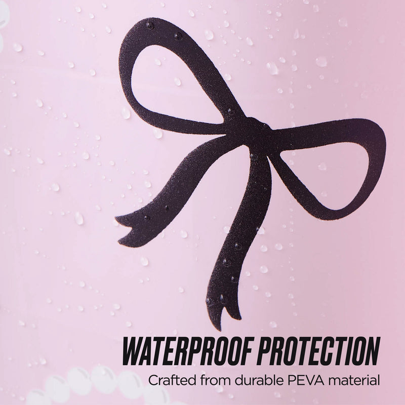 Close-up of the PEVA Shower Curtain Liner in pink with water droplets and a black bow design. Crafted from durable, waterproof PEVA material for lasting protection—perfect for adding style and function to your bathroom decor.