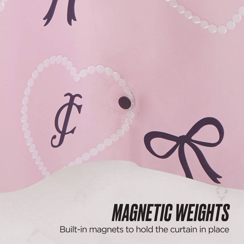 The PEVA Shower Curtain Liner in pink features white heart outlines, black bows, and initials J and F. Built-in magnetic weights hold this waterproof liner securely in place.