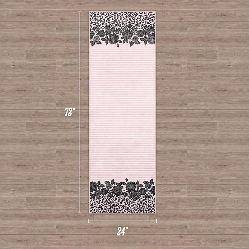 A Finely Washable Rug, 2' x 6', adds a stylish touch to your workout space. The ultra-soft rug is placed on a wooden floor for extra comfort.