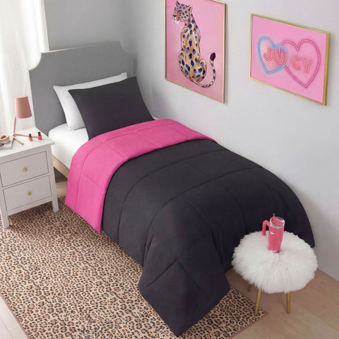 A twin bed with a gray and hot pink comforter set is in a room featuring a Finely Washable Rug, 5' x 7', leopard-print wall art, a white nightstand, fluffy stool with pink drink, and a window with white curtains.