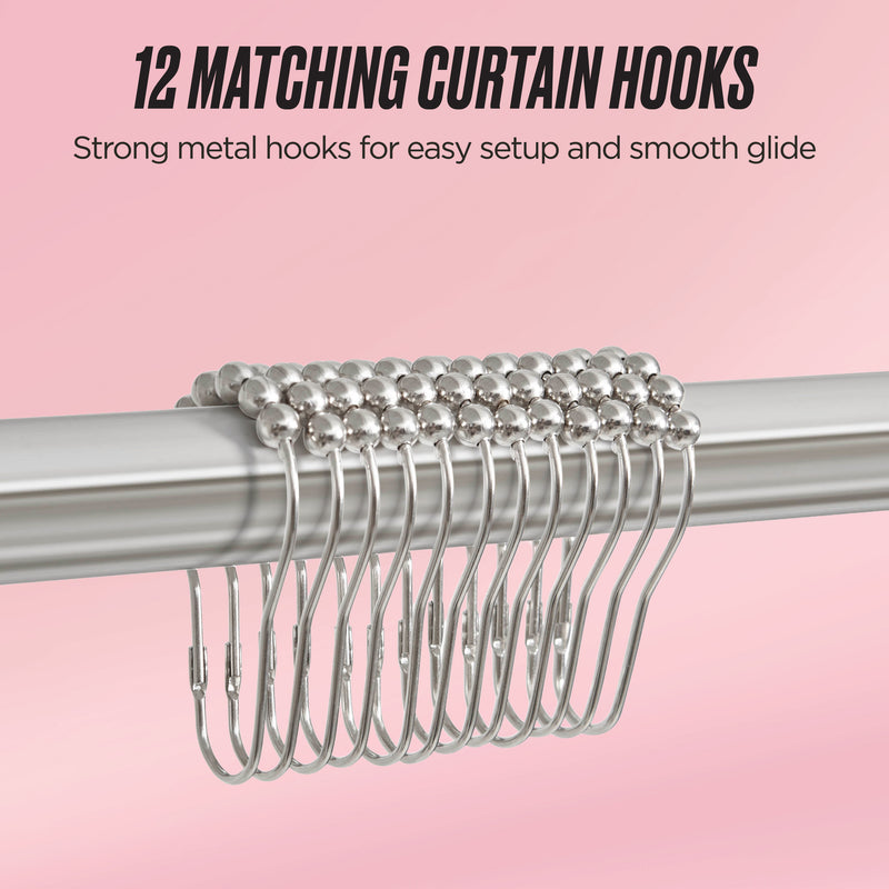 The Shower Curtain and Hooks Set features twelve silver metal hooks with round beads on a matching rod, displayed against a light pink background. Ideal for enhancing your bathroom decor, they provide easy installation and a smooth glide for any fabric curtain.