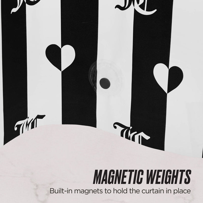 PEVA Shower Curtain Liner with black and white stripes and heart designs features built-in magnets to keep the waterproof curtain securely in place.