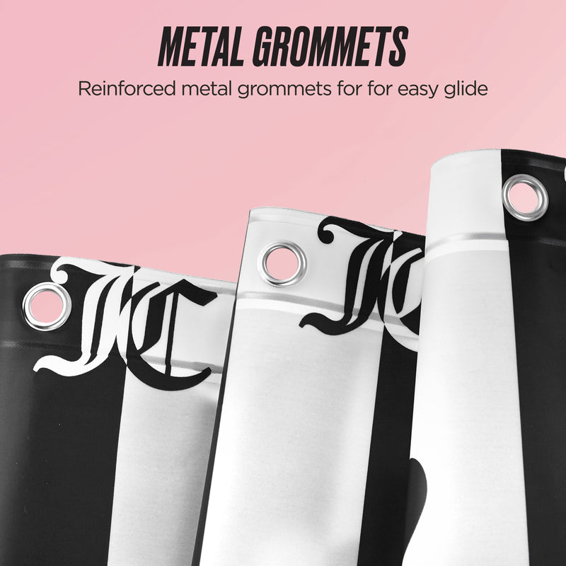Three PEVA Shower Curtain Liners in black and white with reinforced metal grommets are displayed on a pink background. Text: METAL GROMMETS – Reinforced for easy glide.