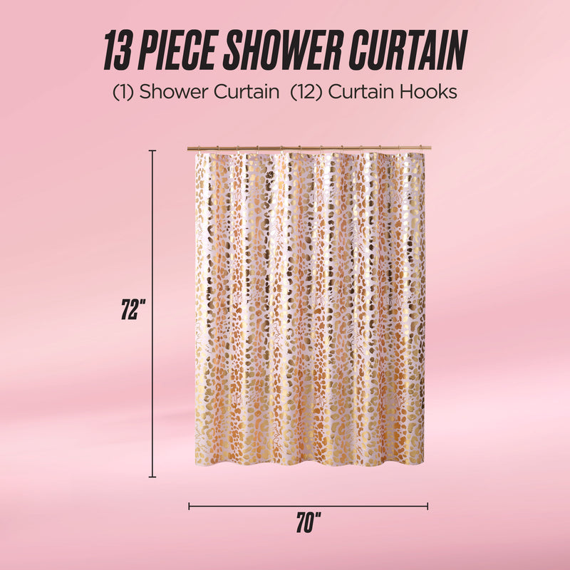 The Shower Curtain and Hooks Set features a gold and white pattern, includes 12 hooks, and measures 72" x 70". Shown against a pink background, this chic 13-piece set is perfect for stylish bathroom decor.