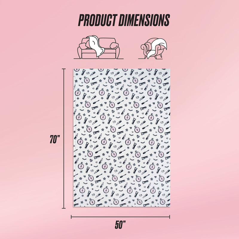 The Kids Plush Throw Blanket is ultra-soft, shown in 70 x 50 inches with a white background and small colorful patterns. Icons display the plush blanket draped over a sofa and person, and Product Dimensions are listed above.