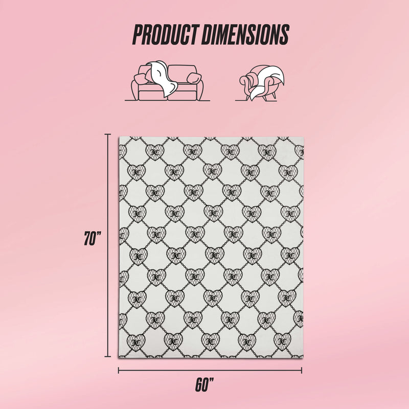 A graphic displays the Plush Oversized Throw Blanket, 70" x 60", featuring black heart and bow patterns on a pink background, plus "Product Dimensions" text and icons of a blanket on a couch and person—a true Juicy Couture piece.